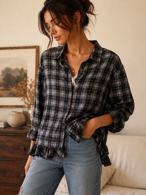 STANDARD GRACE Lyocell Plaid Ruffle Hem Button Front Blouse Boho Indie